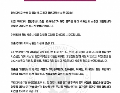 전북대 학생·일반인 32만명 개인정보 털렸다